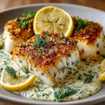 A plate of baked cod with lemon and dill sauce.