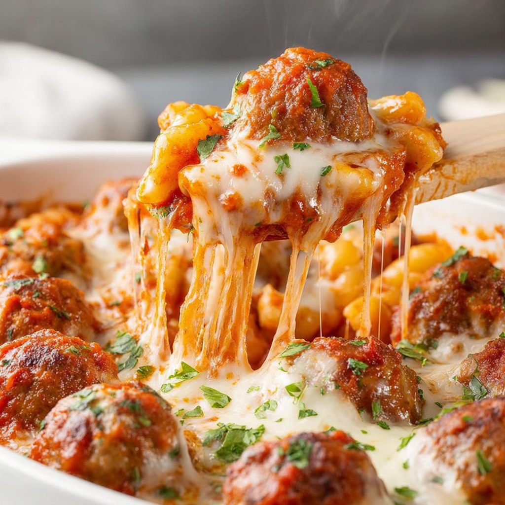 A close up of a meatball casserole with cheese and tomato sauce.