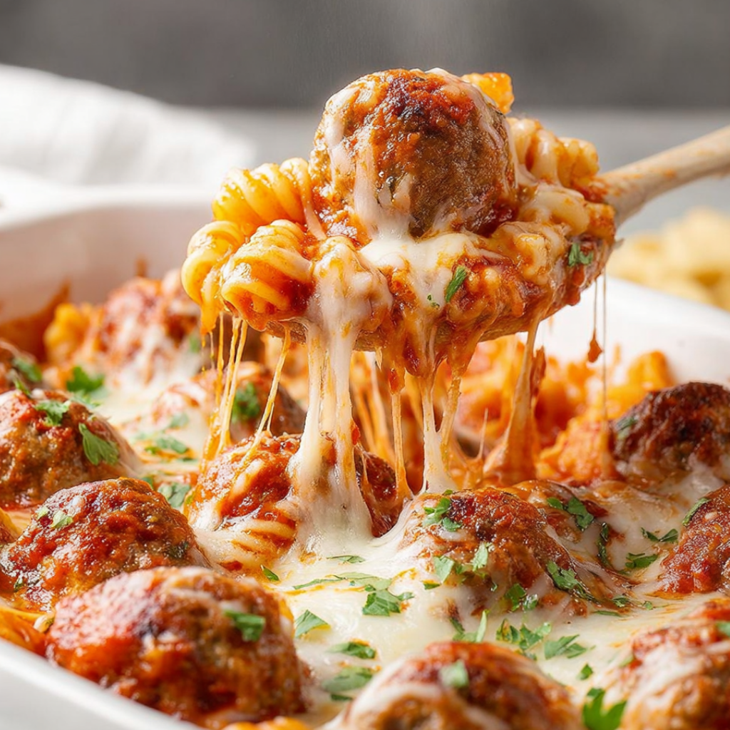 A close up of a meatball casserole with cheese and tomato sauce.