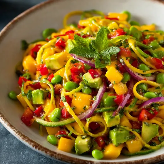 A bowl of salad with avocado, mango, and peppers.
