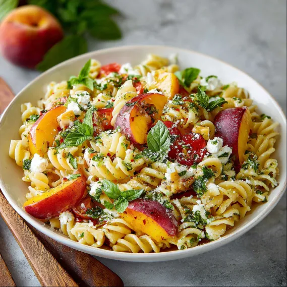 A bowl of pasta with peaches and mint.