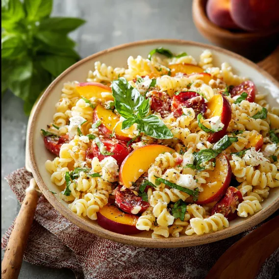 A bowl of pasta salad with peaches and basil.