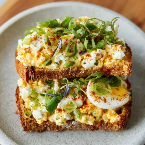 A sandwich with egg salad on top.
