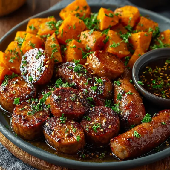 A plate of sausage and sweet potatoes with honey garlic sauce.
