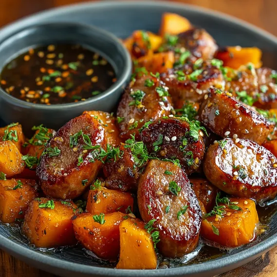 A plate of sausage and sweet potatoes with a honey garlic sauce.