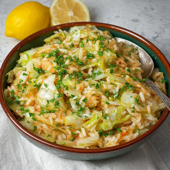 A bowl of rice with cabbage and lemon.