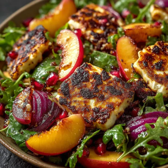 Grilled peach salad with halloumi cheese.