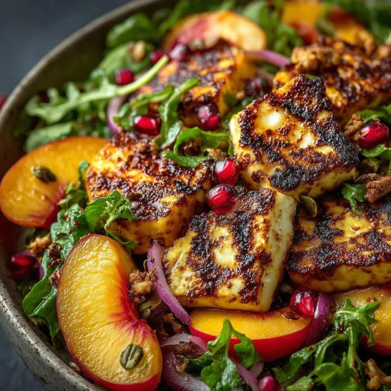 A bowl of grilled peach halloumi salad.