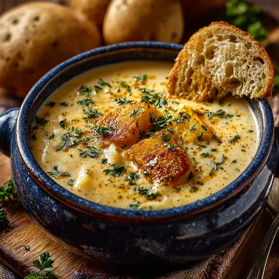 A bowl of soup with a slice of bread on top.