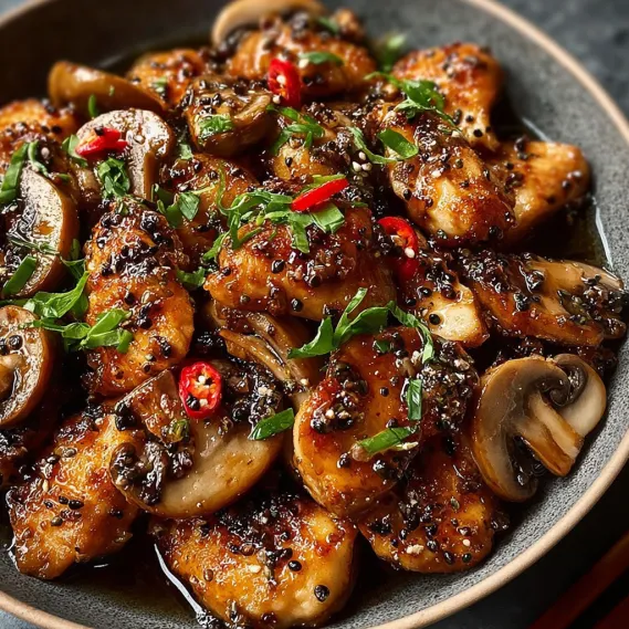 A bowl of black pepper chicken with mushrooms.
