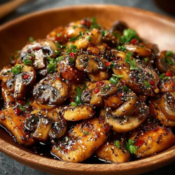 A bowl of black pepper chicken with mushrooms.