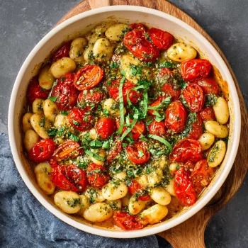 A bowl of tomato basil butter beans.