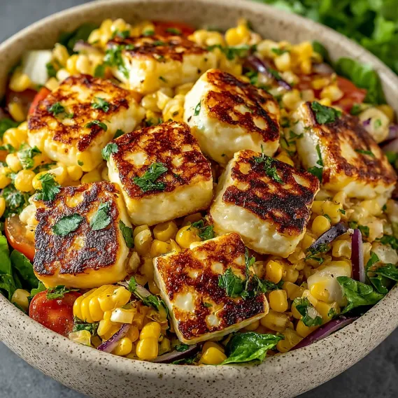 A bowl of grilled corn and halloumi salad.