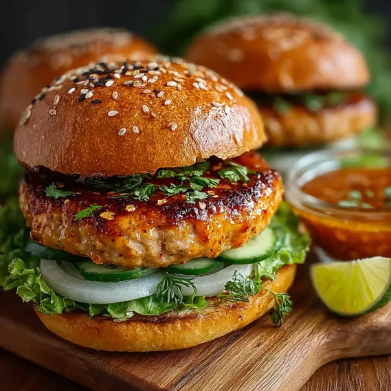 Two Thai Sweet Chili Turkey Burgers on a table.