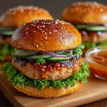 Two Thai Sweet Chili Turkey Burgers with lettuce and tomato.
