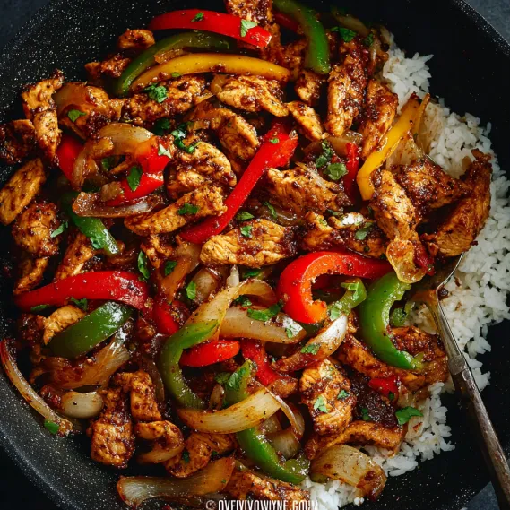 A plate of black pepper chicken with rice.