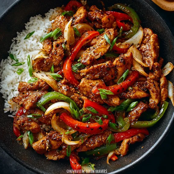 A bowl of black pepper chicken with rice.