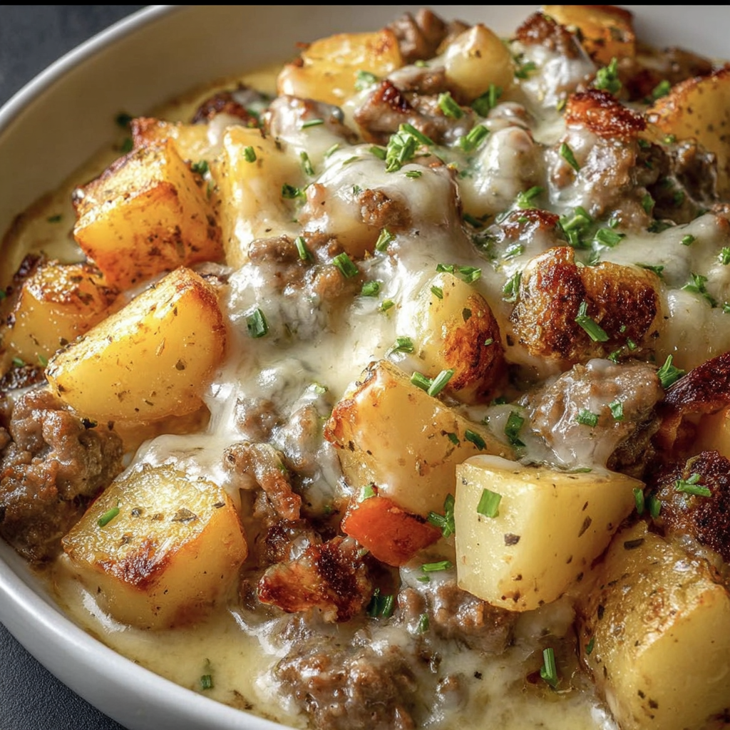 A delicious one-pan creamy meat and potato skillet.