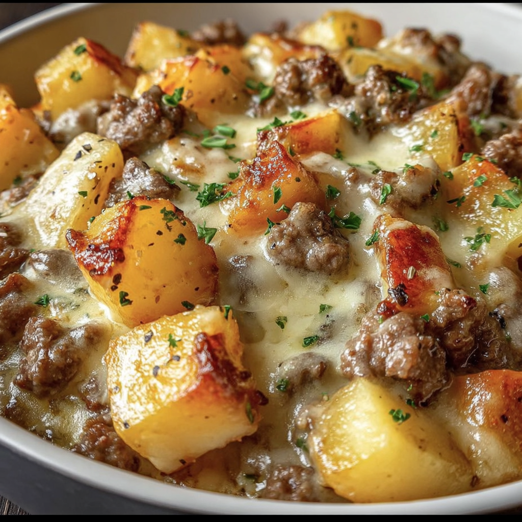 A delicious one-pan creamy meat and potato skillet.