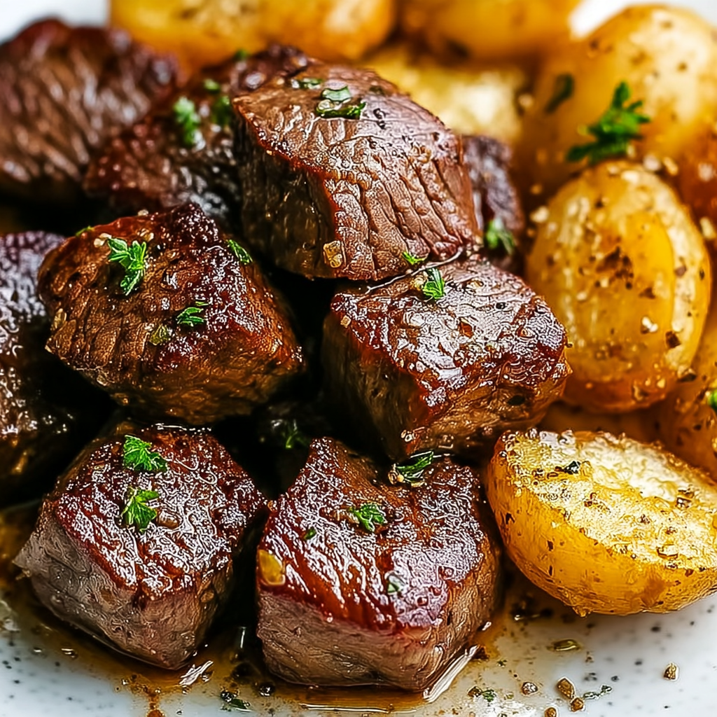 A plate of garlic butter steak bites and potatoes.