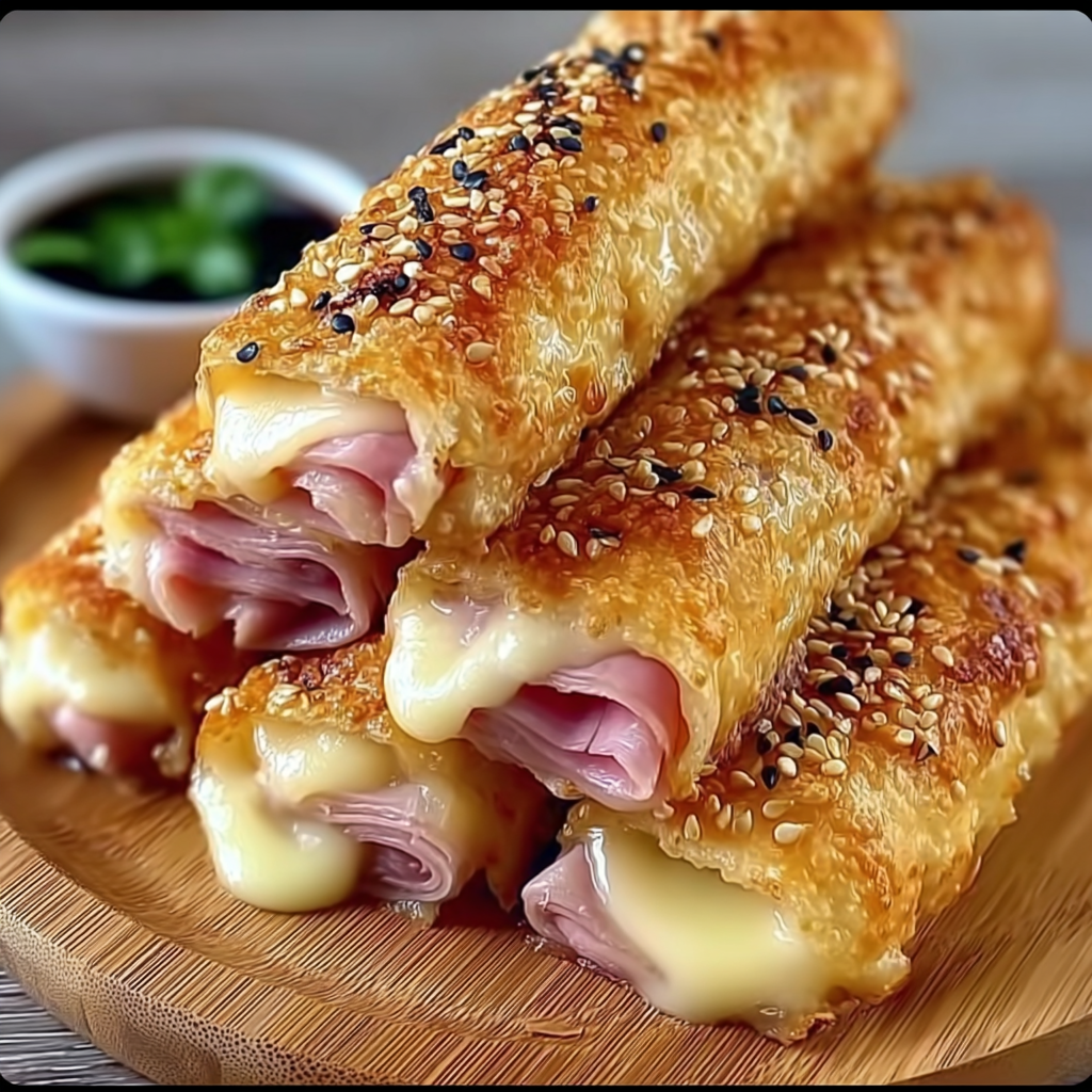 Two ham and cheese sticks on a wooden platter.