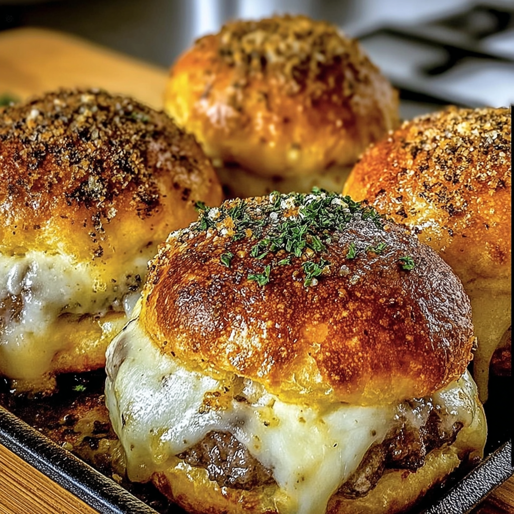 Four garlic Parmesan cheeseburger bombs on a wooden tray.