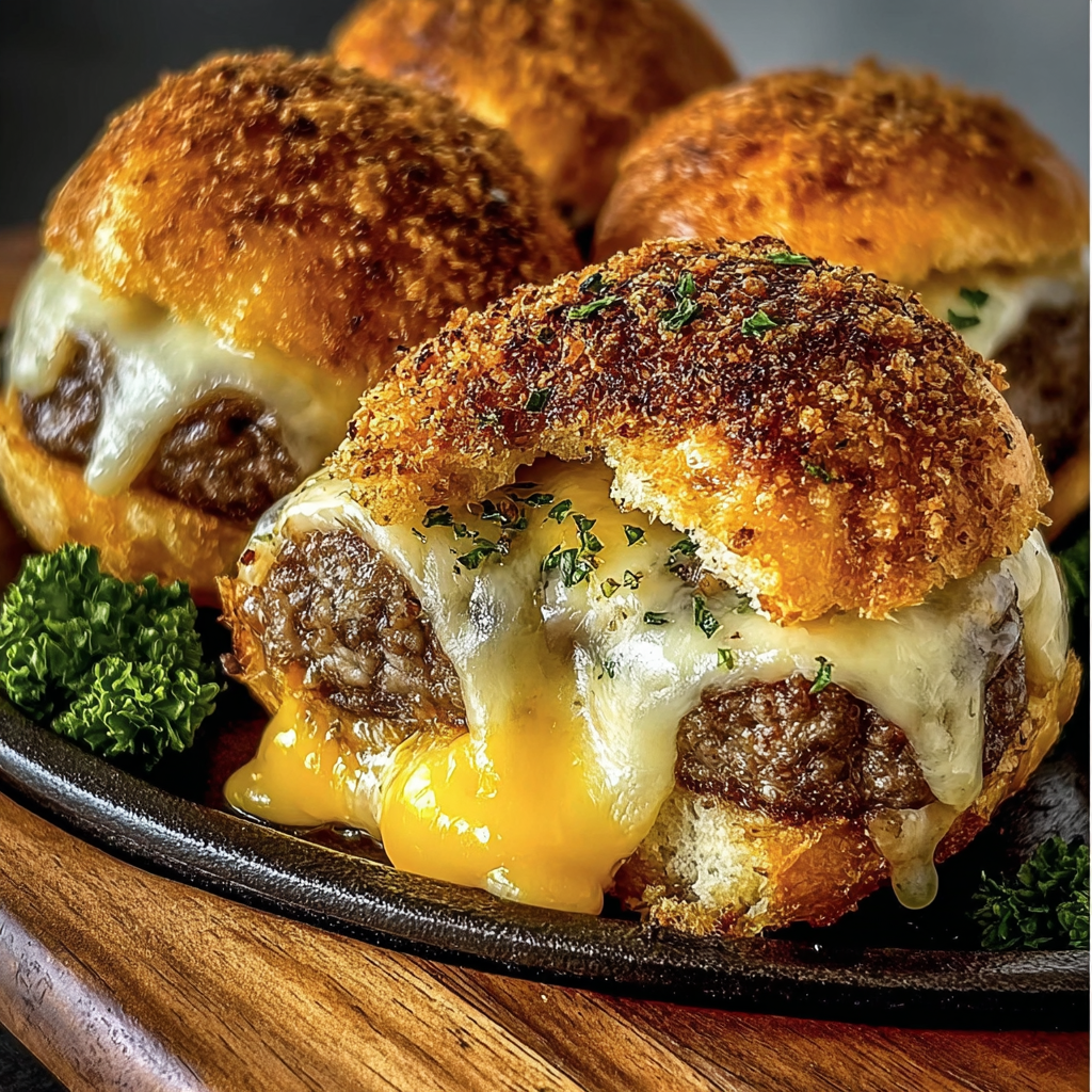 Three garlic parmesan cheeseburger bombs on a plate.