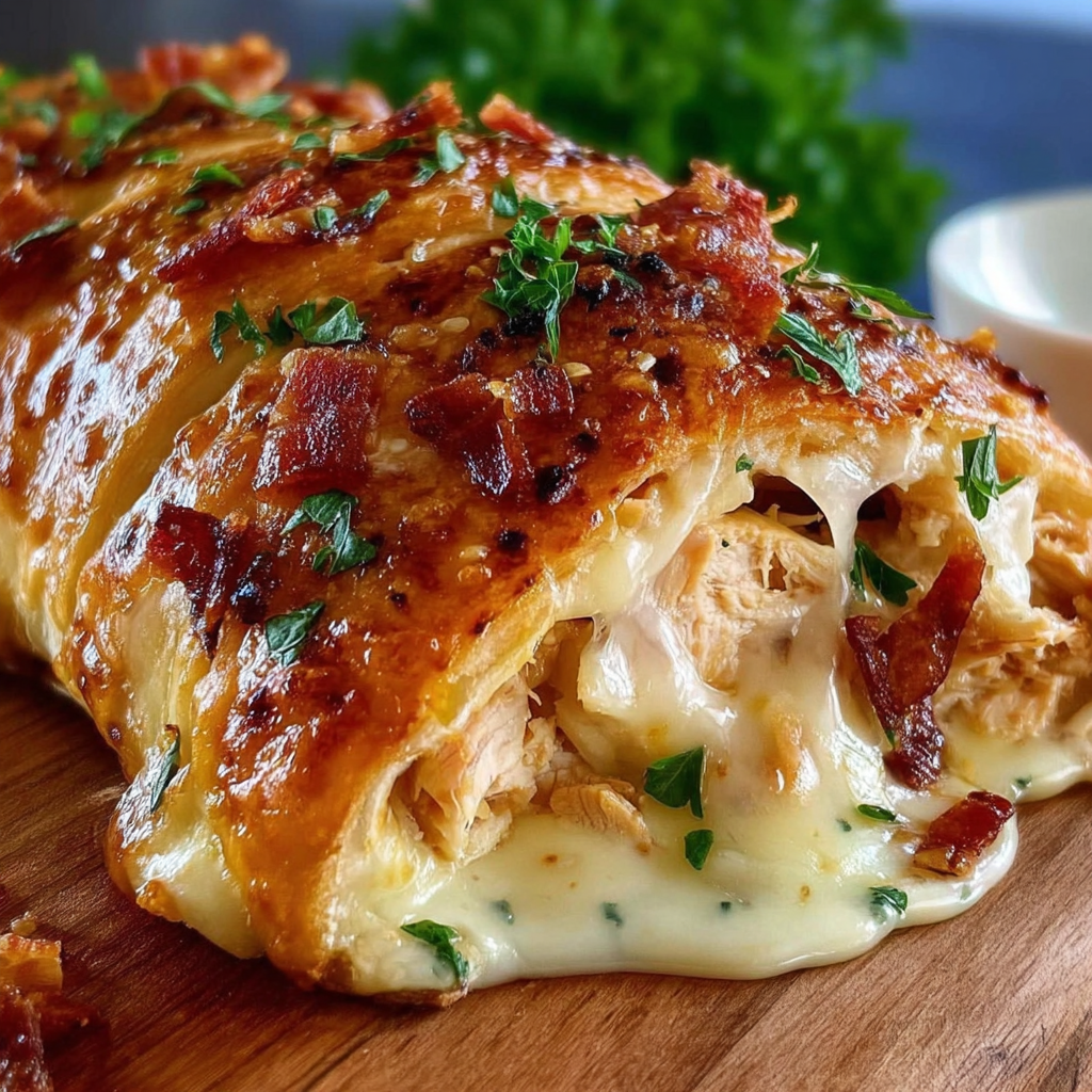 A cheesy chicken bacon ranch stromboli.