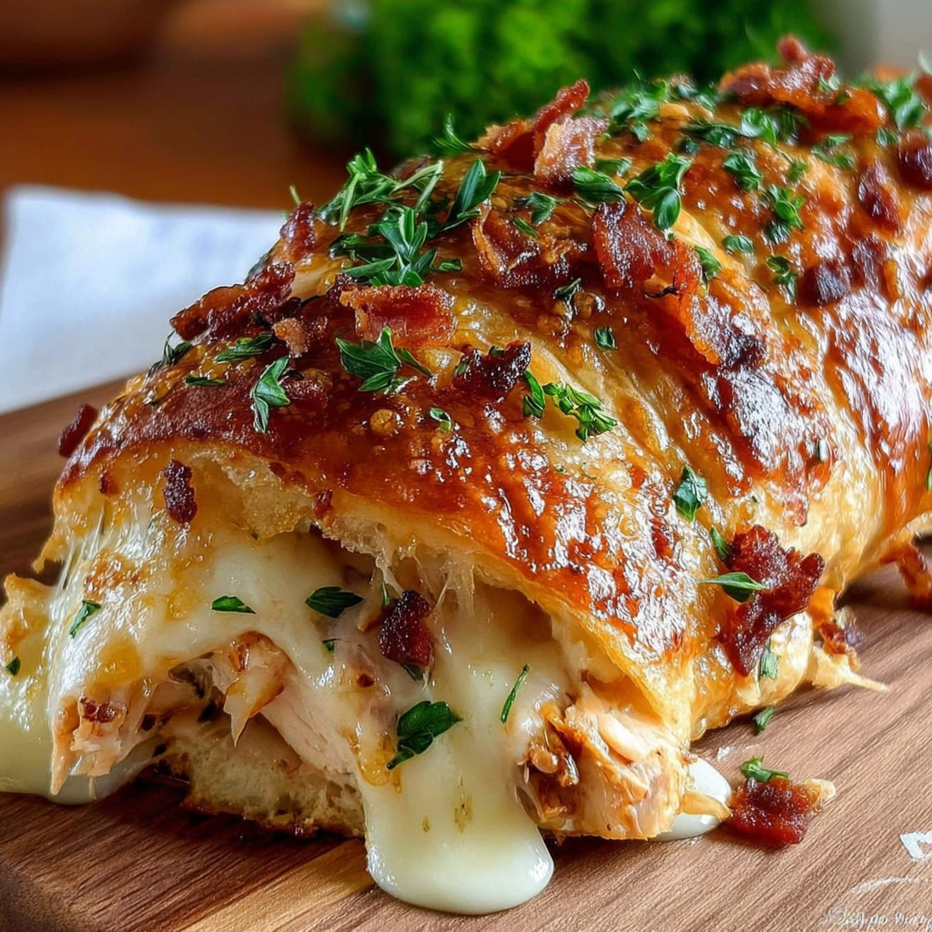 A cheesy chicken bacon ranch stromboli.