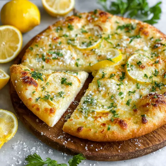 A slice of lemon pizza on a wooden board.