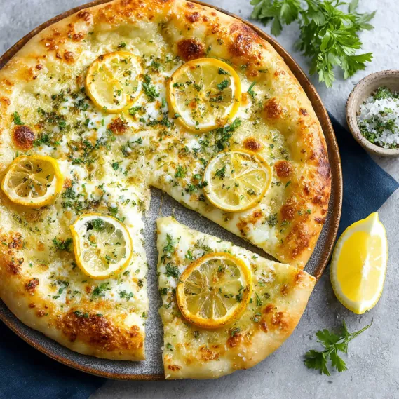 A slice of lemon pizza on a plate.