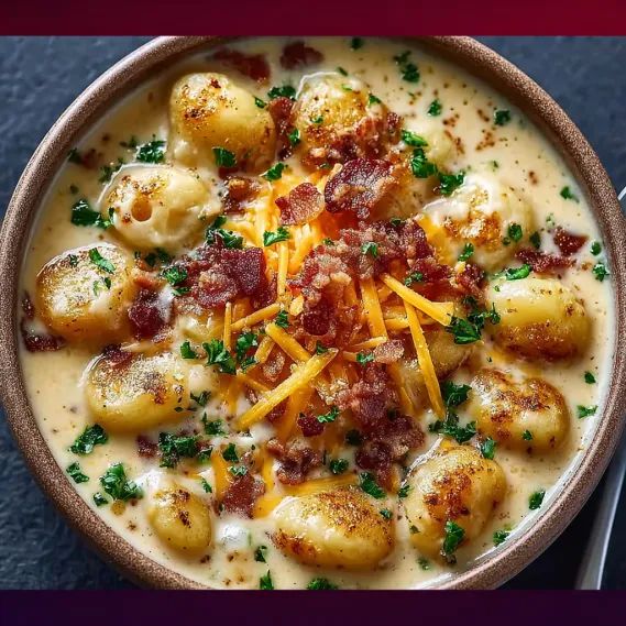 A bowl of soup with bacon and cheese.