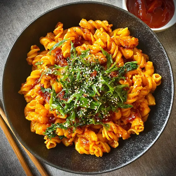 A bowl of pasta with a green topping.
