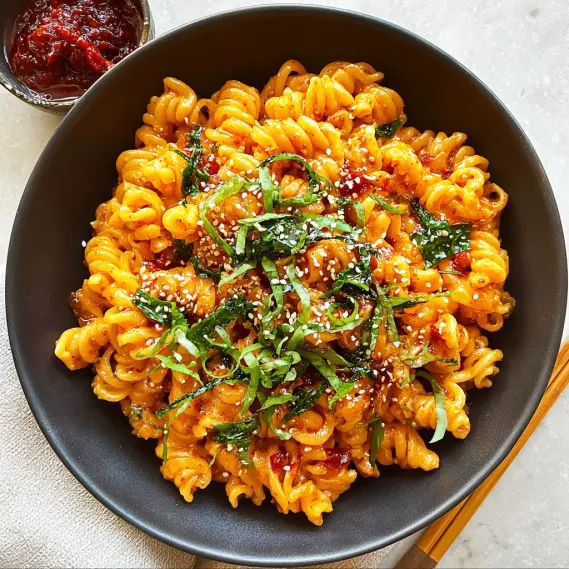 A bowl of pasta with sauce and green vegetables.