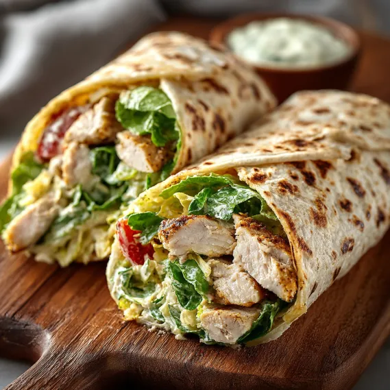 A chicken Caesar wrap on a wooden board.