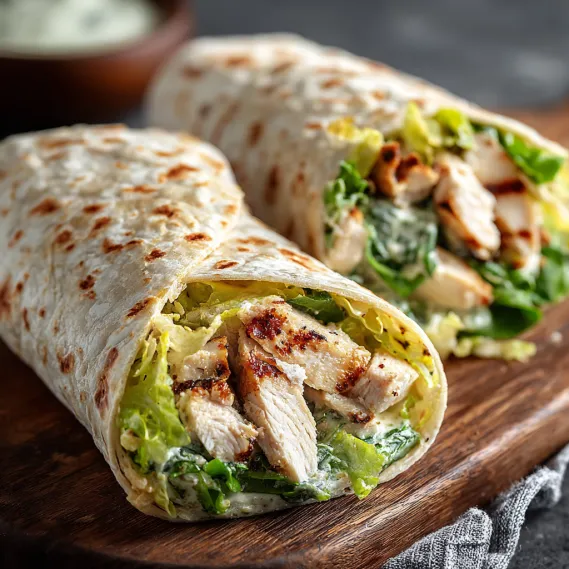 A chicken Caesar wrap on a wooden board.