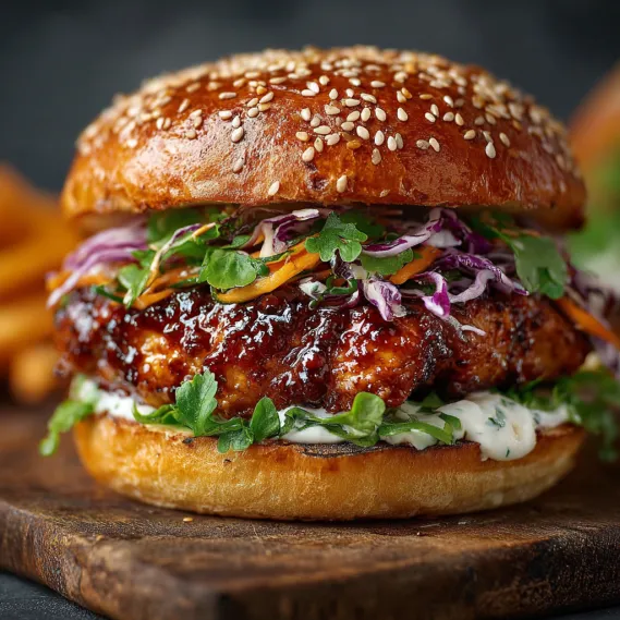 A Korean Fire Chicken Burger with lettuce and carrots.