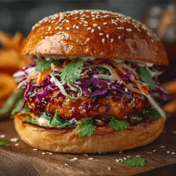 A Korean Fire Chicken Burger with lettuce, carrots, and sesame seeds.
