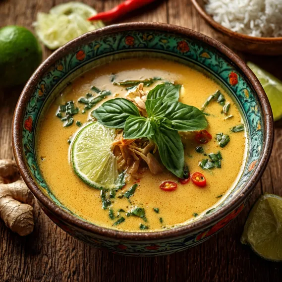A bowl of Thai coconut curry sauce with lime and red peppers.