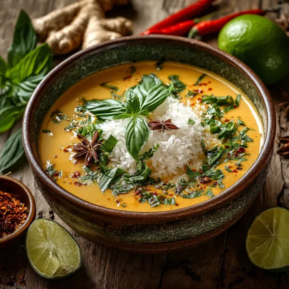 A bowl of Thai Coconut Curry Sauce with garnish.