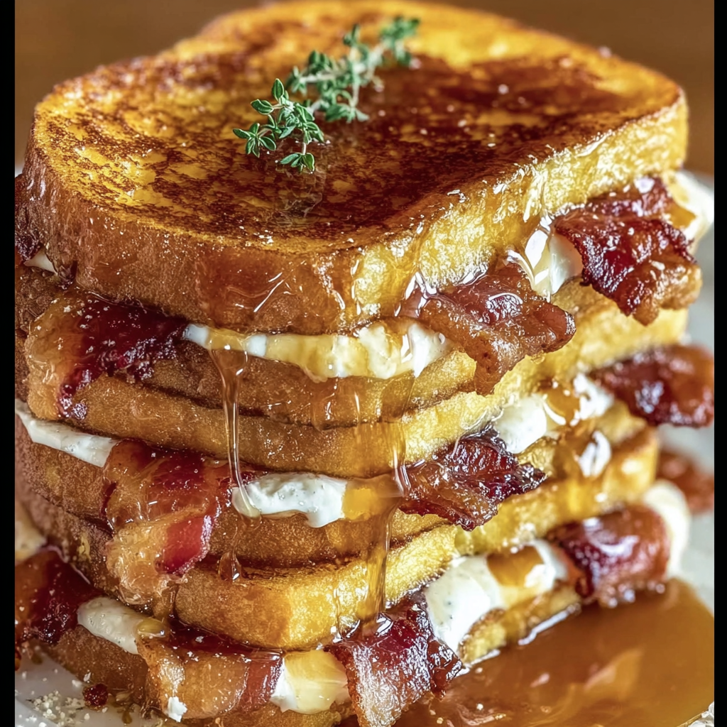 A stack of bourbon maple bacon stuffed french toast.