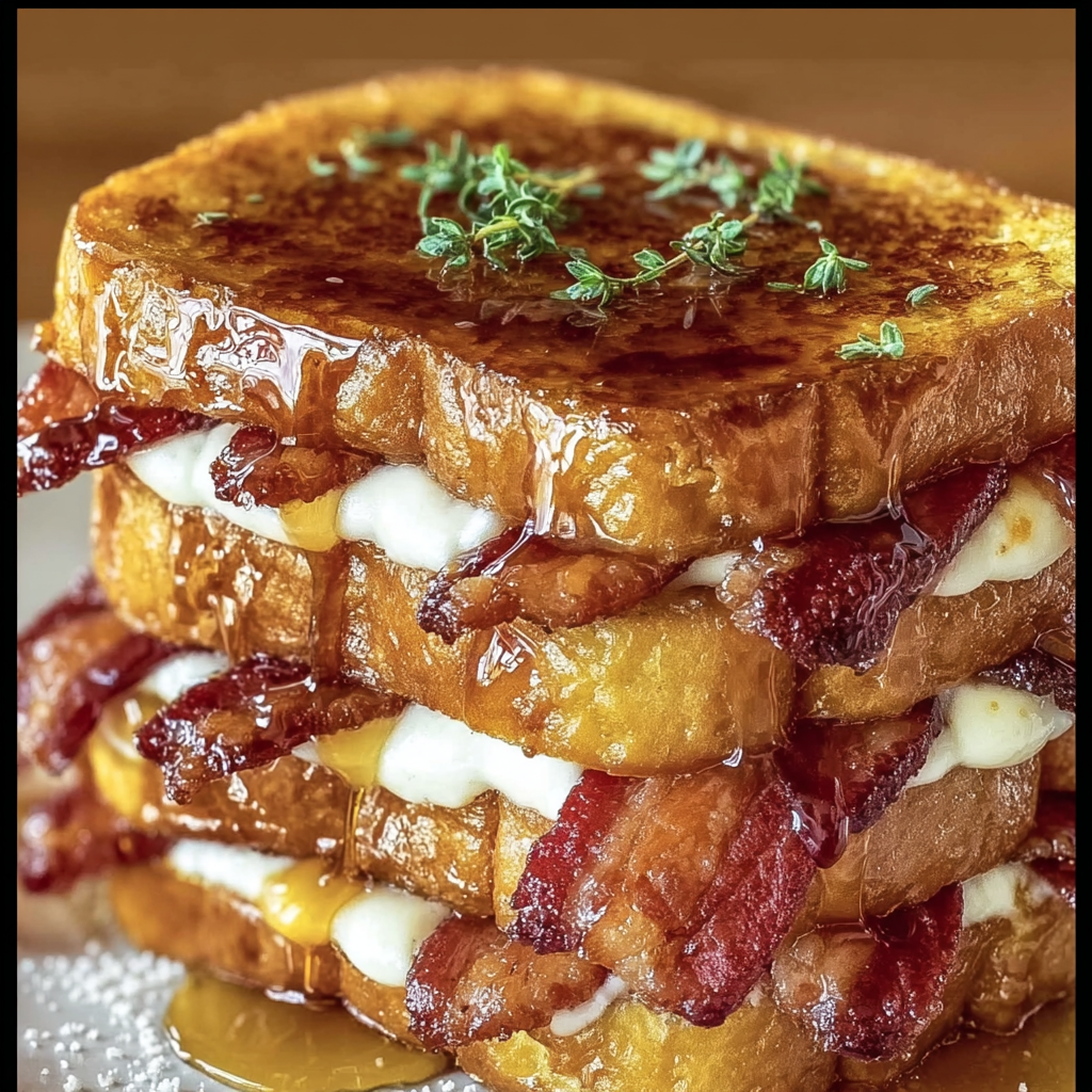 A stack of French toast with bacon and maple syrup.