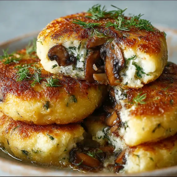 Mushroom stuffed potato cakes on a plate.