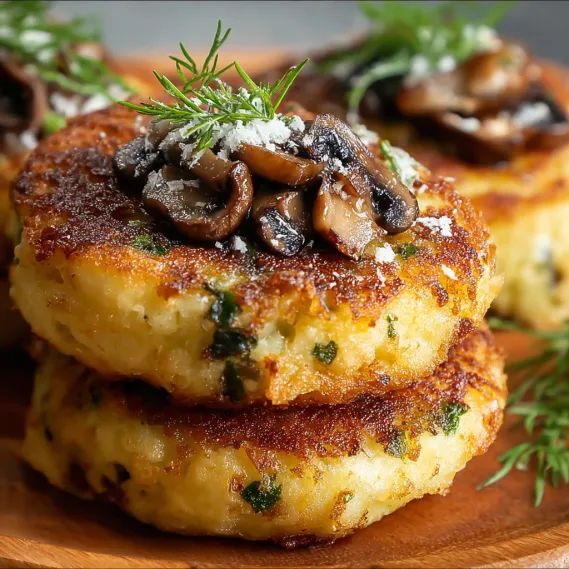 Mushroom stuffed potato cakes on a wooden table.