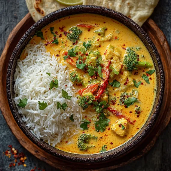 A bowl of creamy vegetable korma with rice and broccoli.