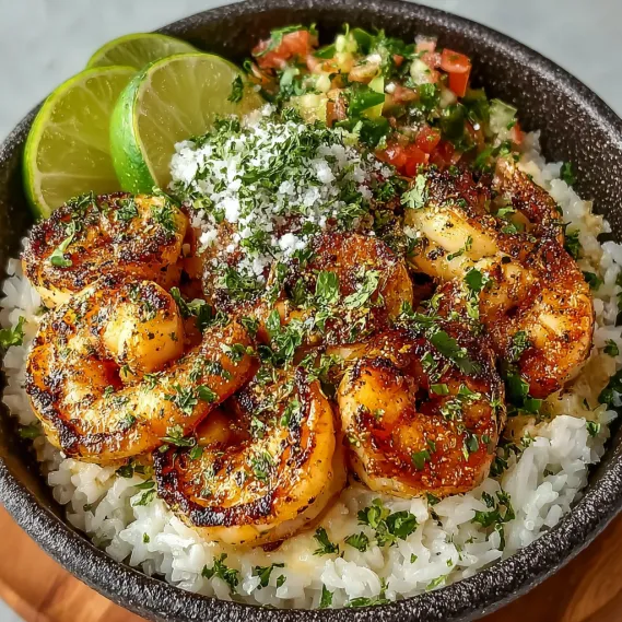 A bowl of shrimp and rice with lime and coconut.