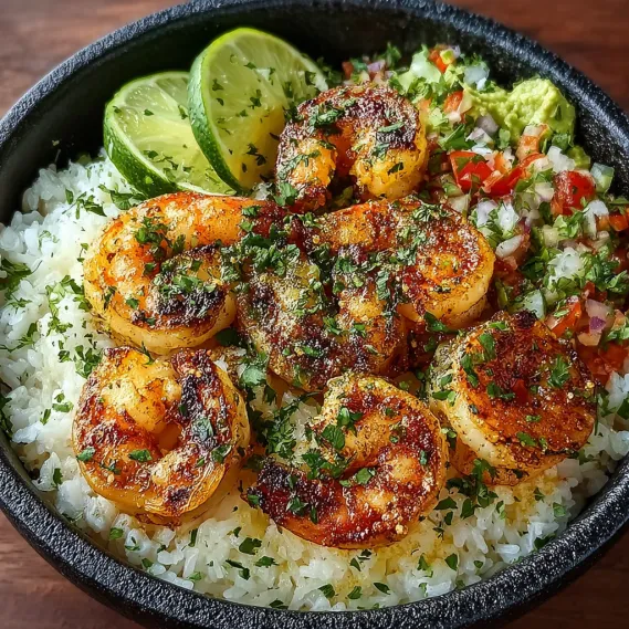 A bowl of shrimp and rice with lime wedges on top.
