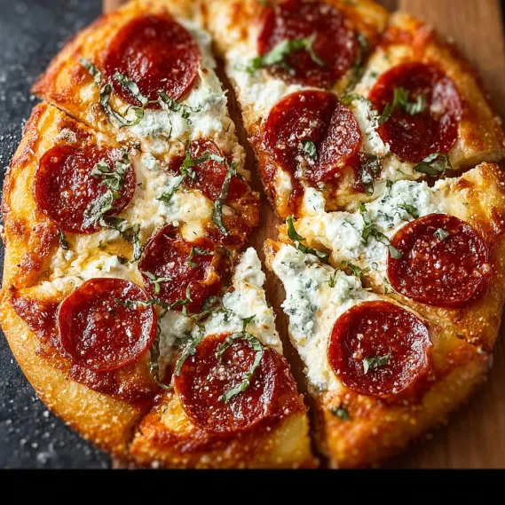 A slice of pizza with pepperoni and ricotta cheese.