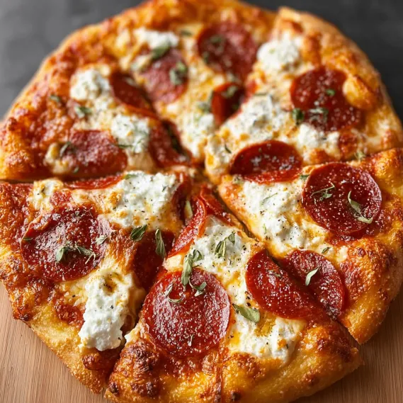 A pizza with pepperoni and ricotta cheese.