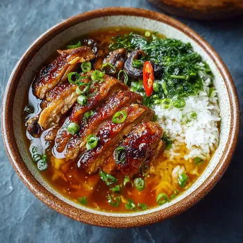 A bowl of food with a piece of meat and vegetables.